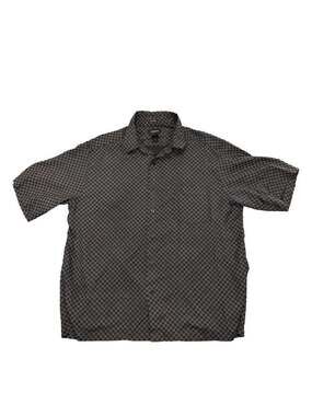 Claiborne 100% Silk Mens XL Blk White Grid Pattern Short Sleeve Button Up Shirt
